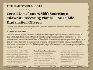 Scanned excerpt from The Hartford Ledger, June 14, 2006, reporting on cereal distributors shifting sourcing to Midwest processing plants