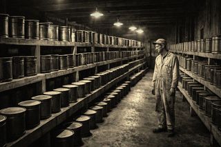 Archival photograph from a 1943 Federal Grain Standards Office procurement facility showing processed cereal stock preparation