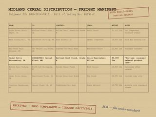Photocopy of a shipping manifest obtained via FOIA Request 2017-08821, showing cargo classification for hoof processing residue destined for a cereal processing plant